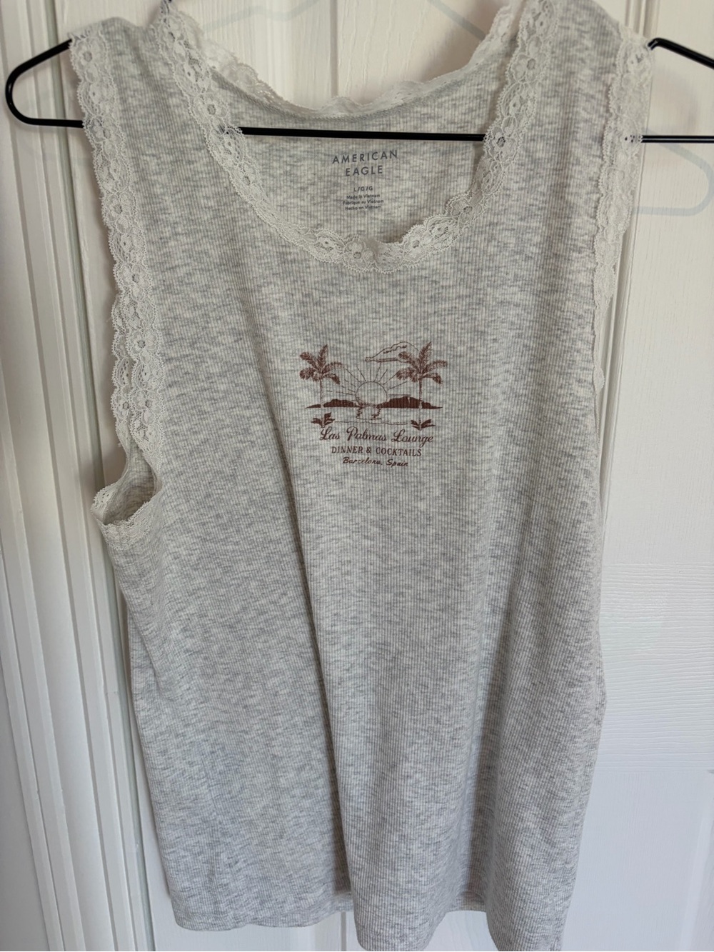 American Eagle Outfitters Cream Lace-Trim Ribbed Tank with Brown Palm Graphic